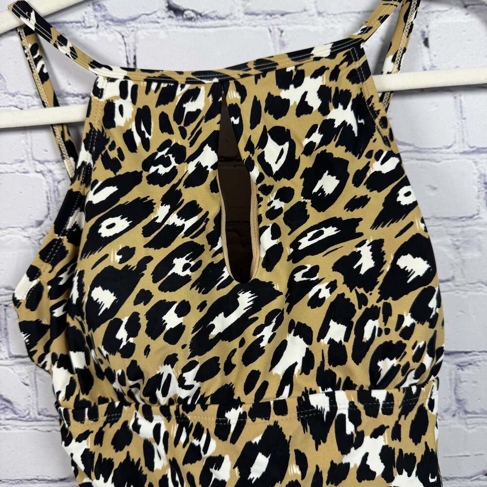 Ellen Tracy High Neck Keyhole Leopard Print One Piece Swimsuit Size 8 - Picture 3 of 7